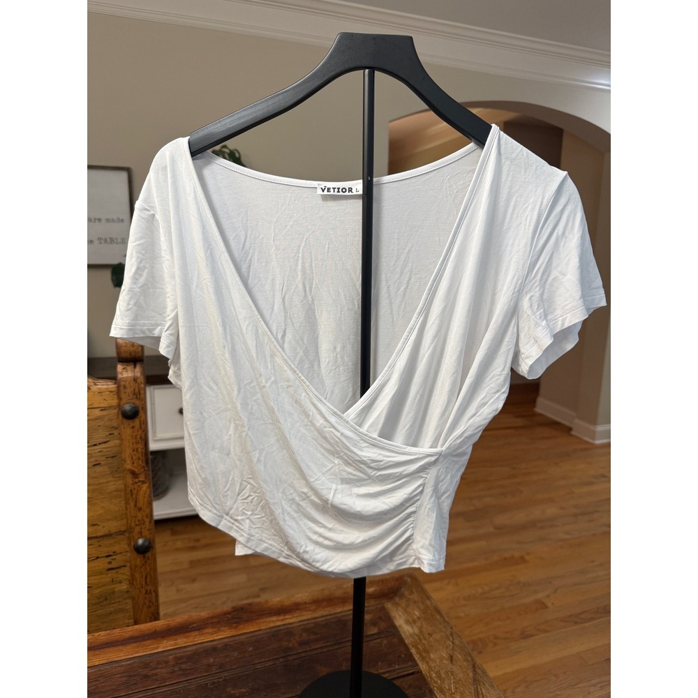 Vetior Women White 100% Modal Wrap Front V-Neck Short Sleeve Crop Top Size L Y2K